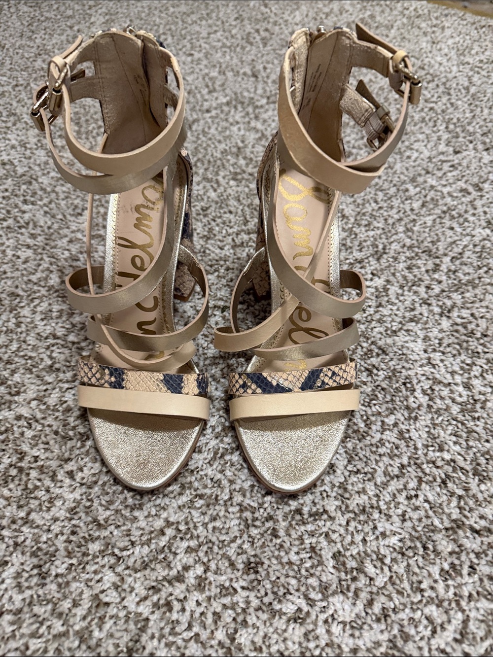 Sam Edelman Beige Strappy Heeled Sandals with Snake Accent